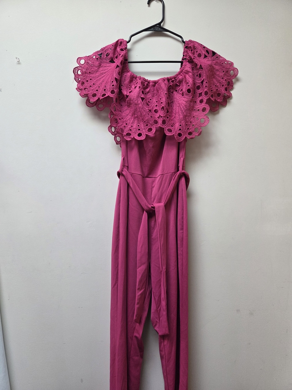 Fuchsia Off-Shoulder Lace Ruffle Jumpsuit